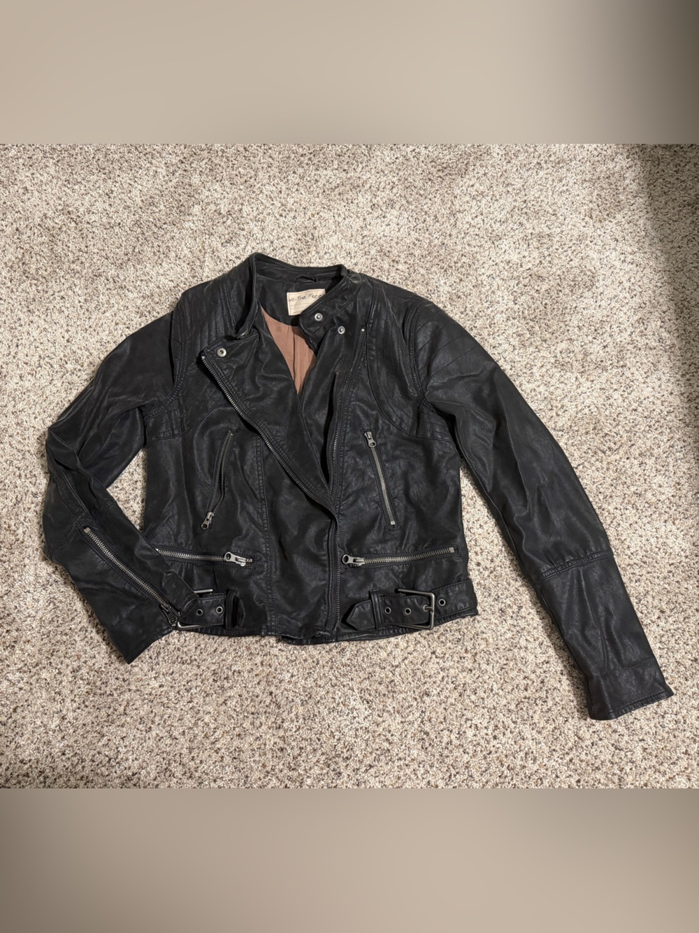 We The Free Black Faux Leather Biker Jacket with Zip Details